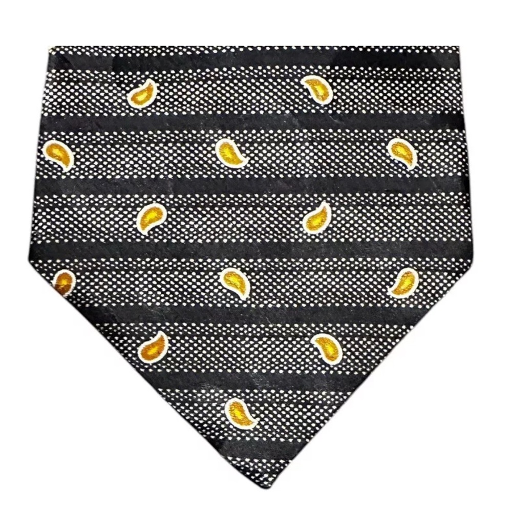 Vintage Perry Ellis Portfolio Black Silk Tie Gold Paisley Stripes 1990’s 3.5”